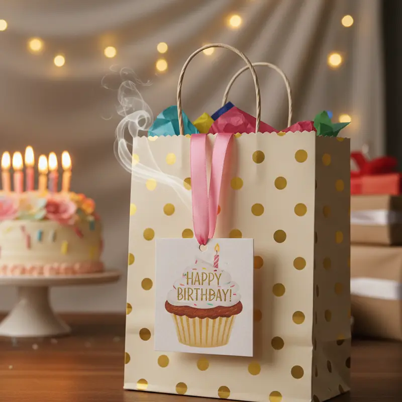 Birthday party bag decorated with hanging air freshener