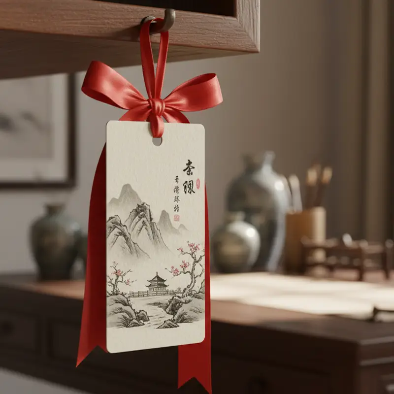 Chinese ink style paper air freshener with red ribbon hanging in study room