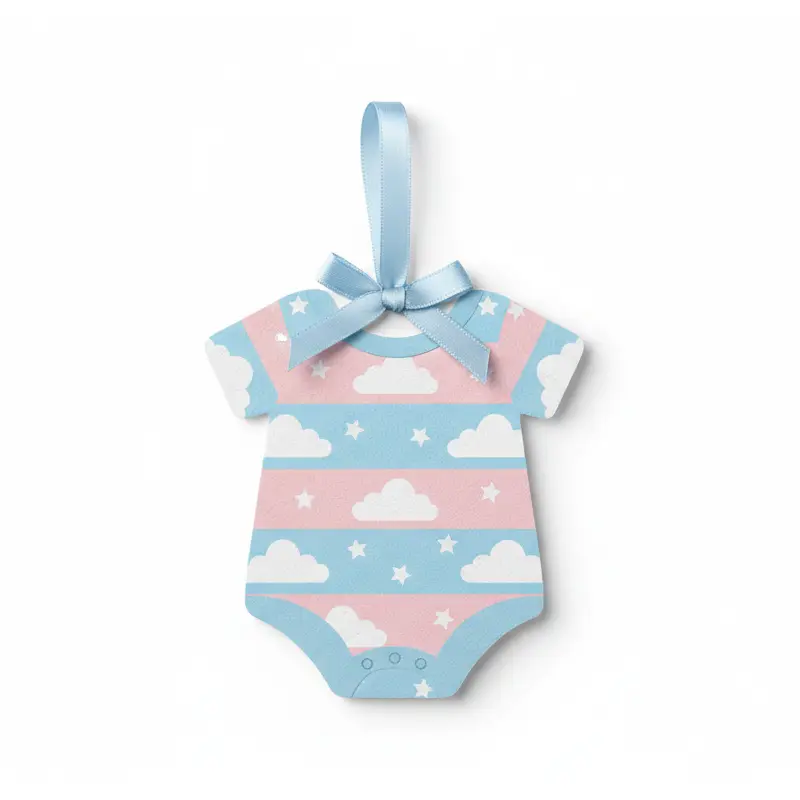 Blue baby onesie shaped paper air freshener with cloud pattern