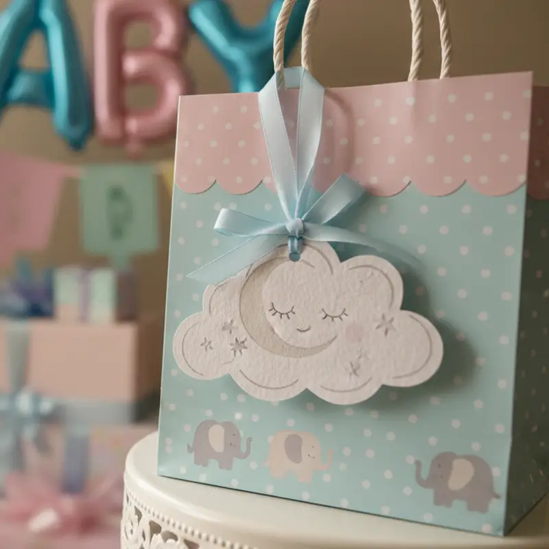 Baby shower gift bag decorated with cloud shaped paper air freshener