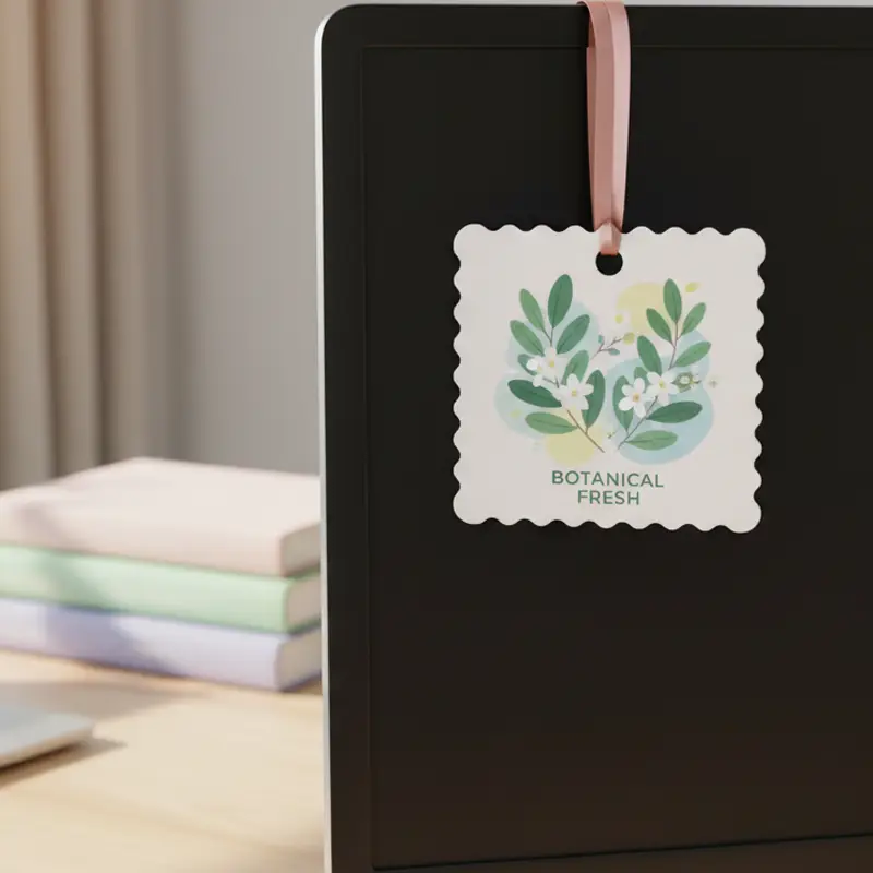 Square botanical air freshener hanging on office monitor