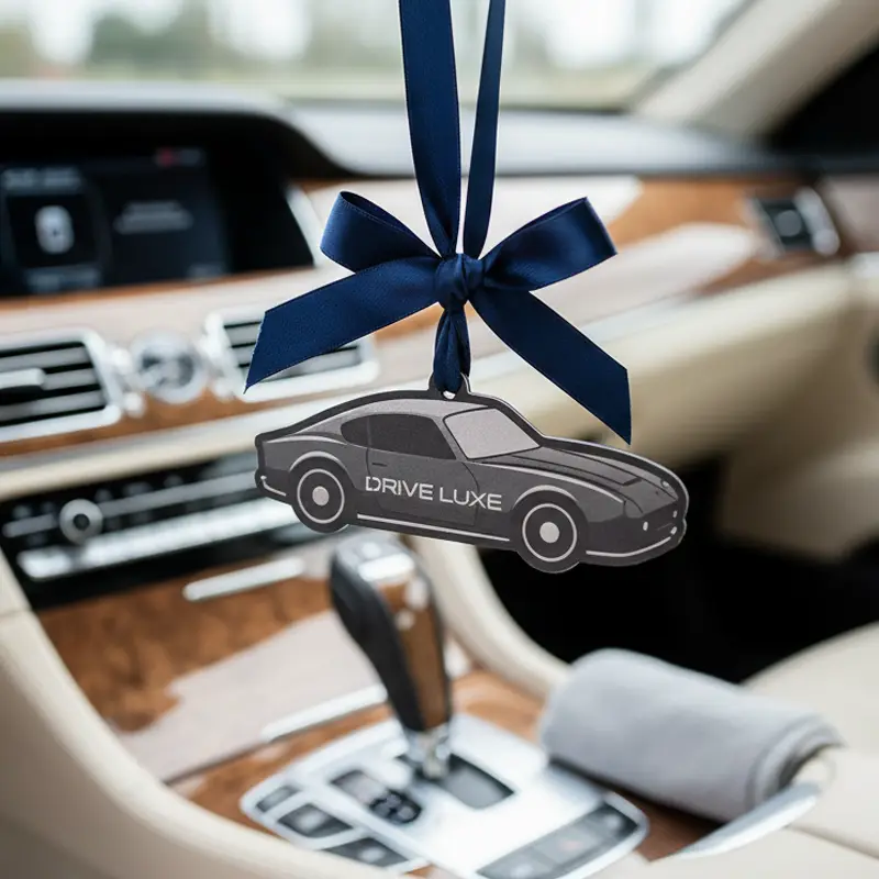 Car-shaped promotional paper air freshener hanging in vehicle interior