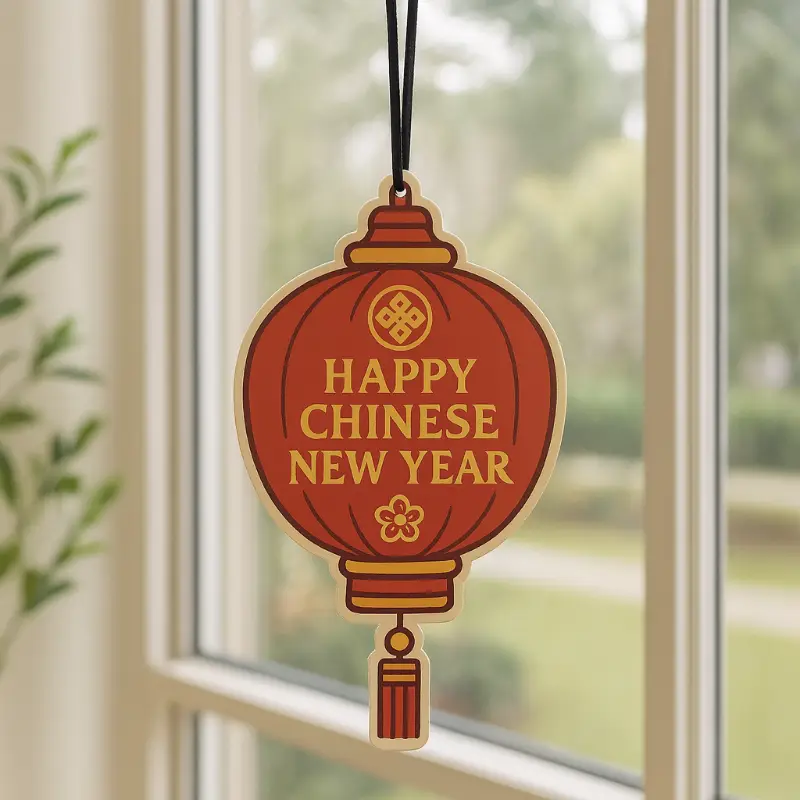 Chinese New Year lantern-shaped air freshener hanging by the window