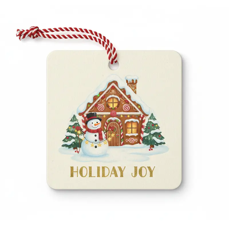 Snowman and gingerbread house Christmas air freshener with HOLIDAY JOY text