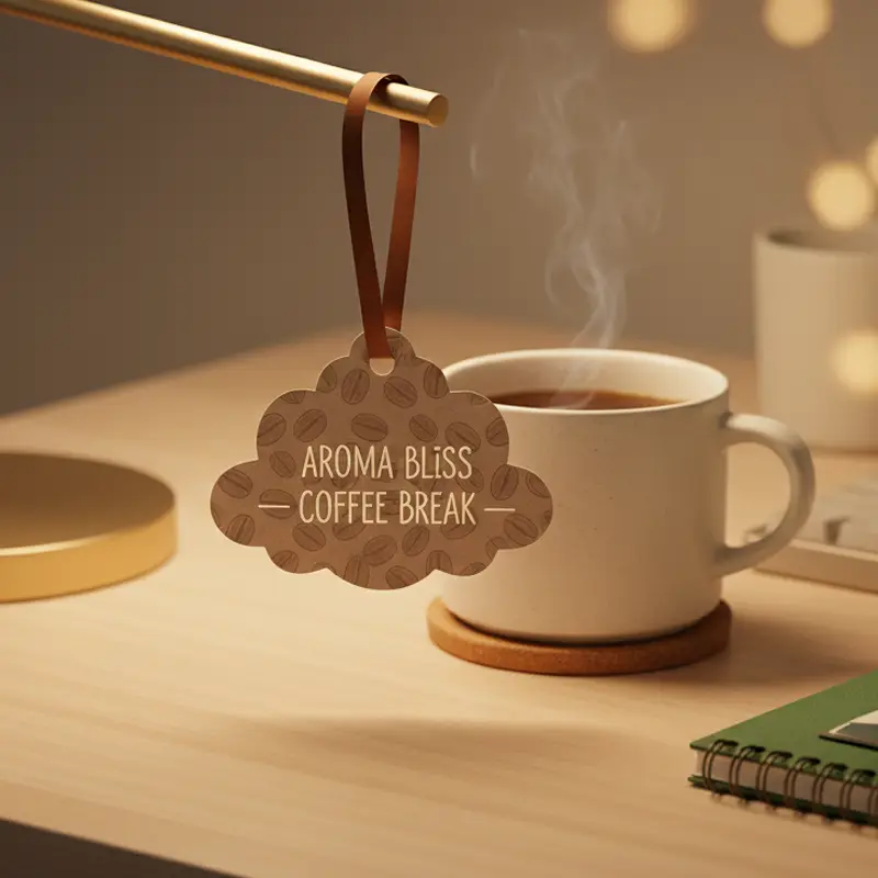 Coffee aroma paper air freshener hanging on office desk lamp