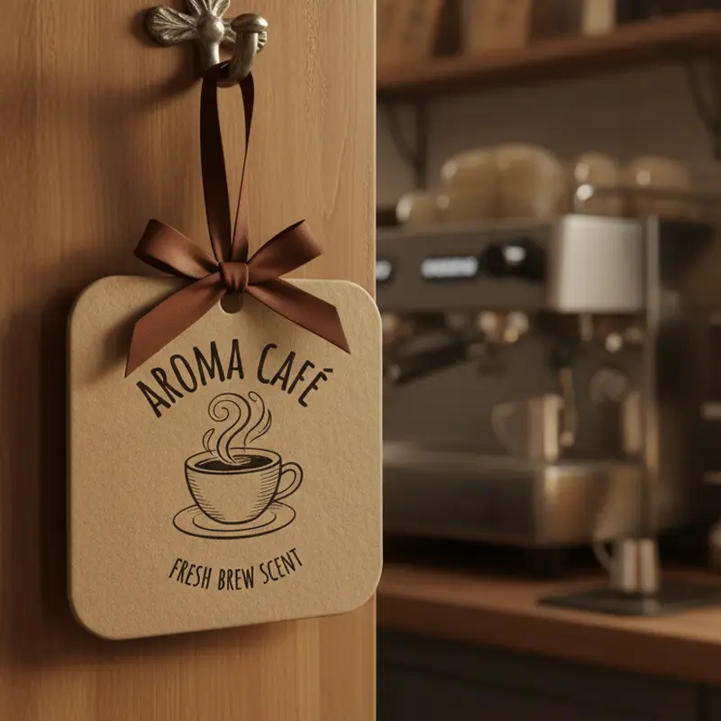Aroma café hanging paper air freshener used in coffee shop interior