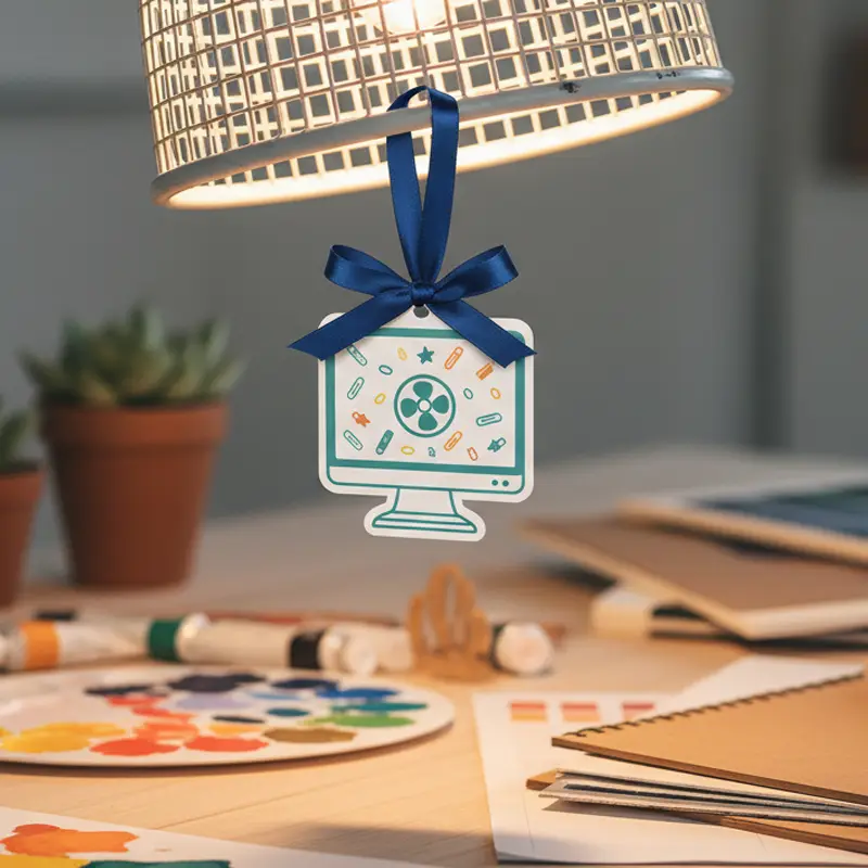 Creative office paper air freshener hanging on lamp in art workspace