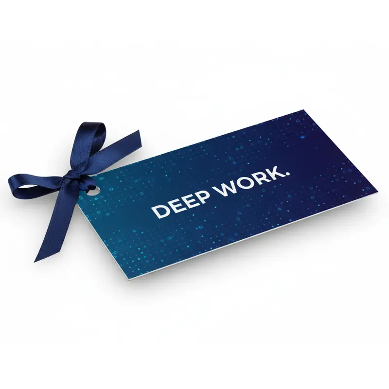 Deep Work blue rectangular paper air freshener with navy ribbon