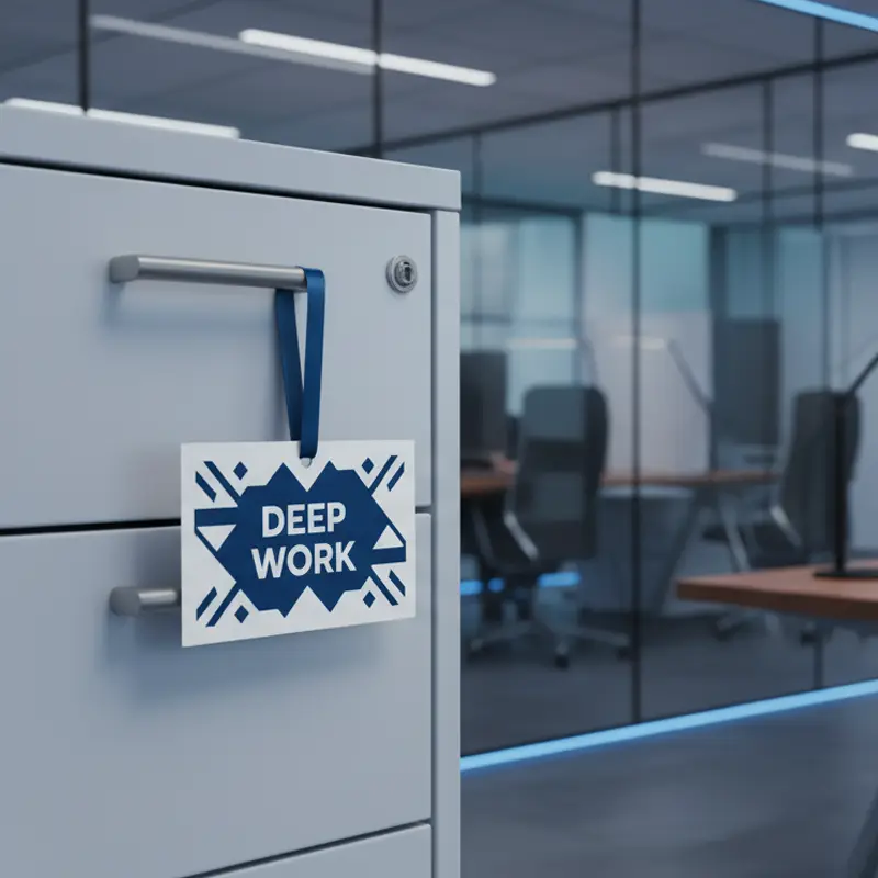 Deep Work hanging paper air freshener in a corporate office setting