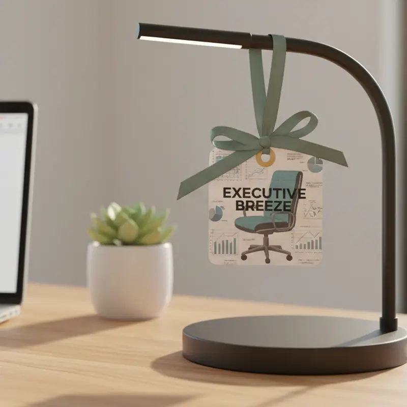 Executive Breeze hanging air freshener displayed on a desk lamp in office