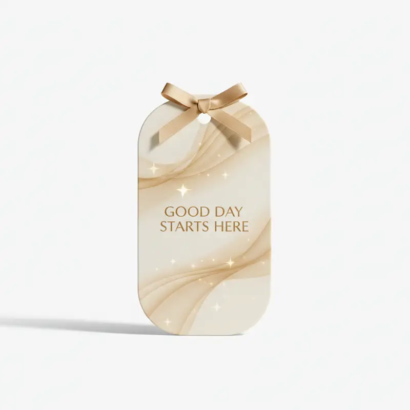 Golden office-themed paper air freshener with “Good Day Starts Here” message