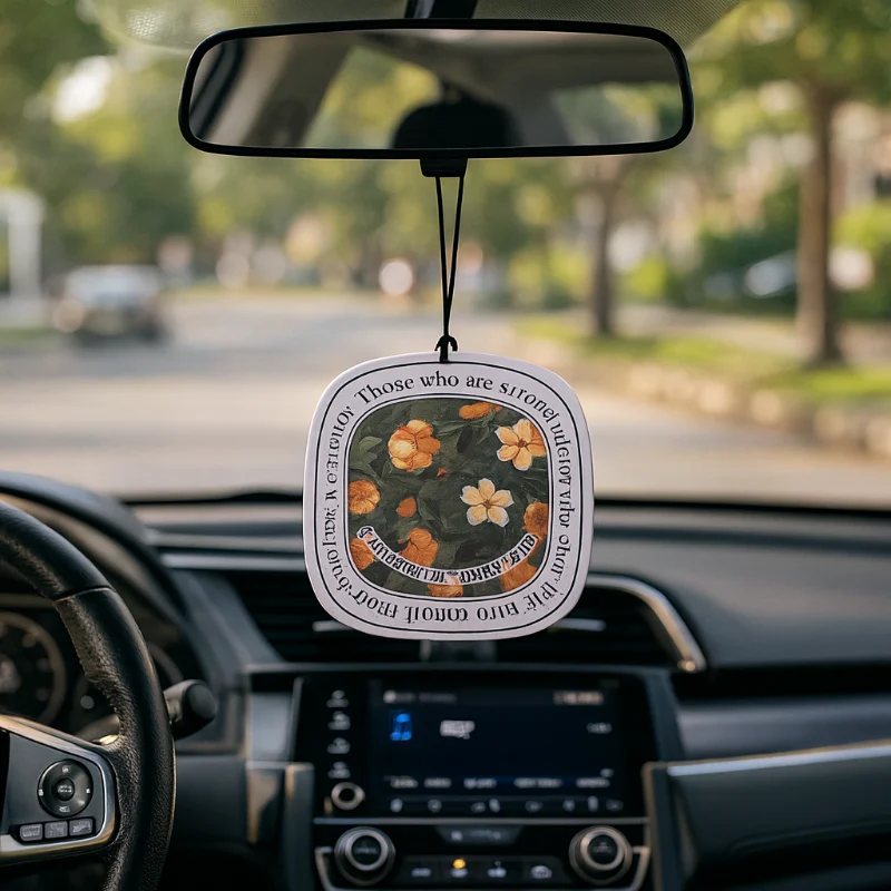 Floral car air freshener hanging from rearview mirror inside vehicle – real interior scene