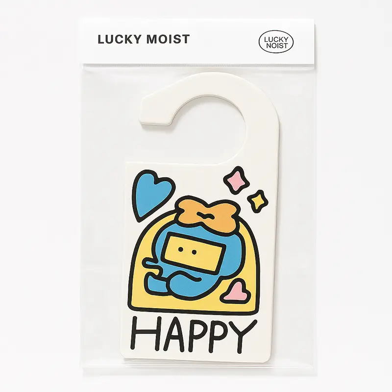 Packaged HAPPY cartoon air freshener door tag with colorful heart and bow design