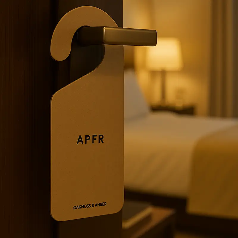 APFR Oakmoss & Amber air freshener hanging on hotel room door handle