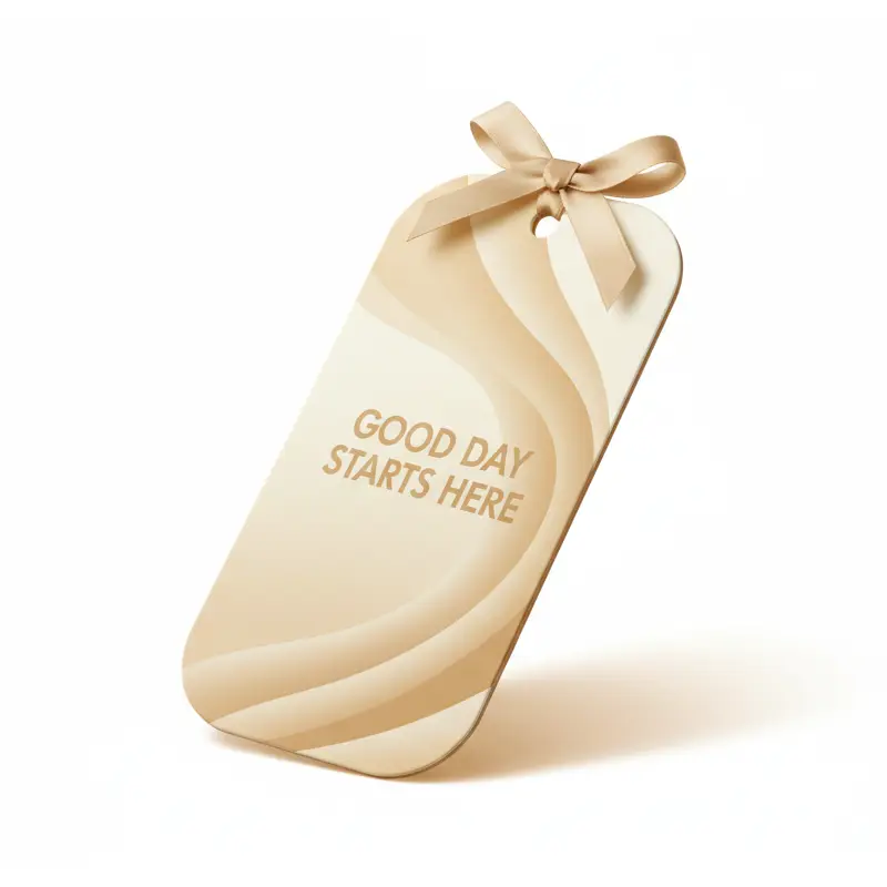 Office desk scene with candle and “Good Day Starts Here” fragrance tag