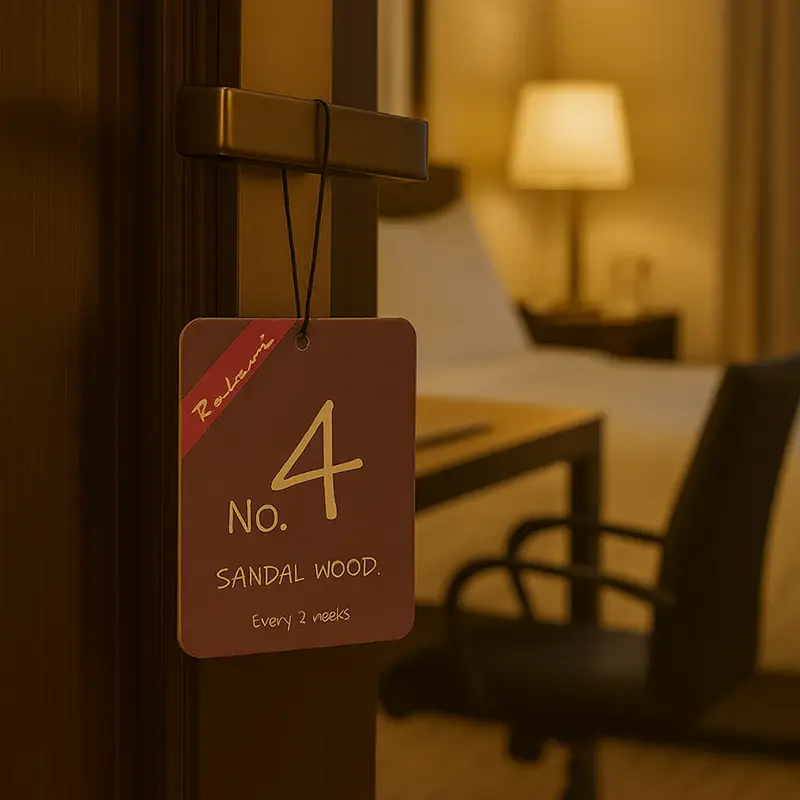 Sandalwood air freshener packaged in clear pouch, parking-permit hanging shape