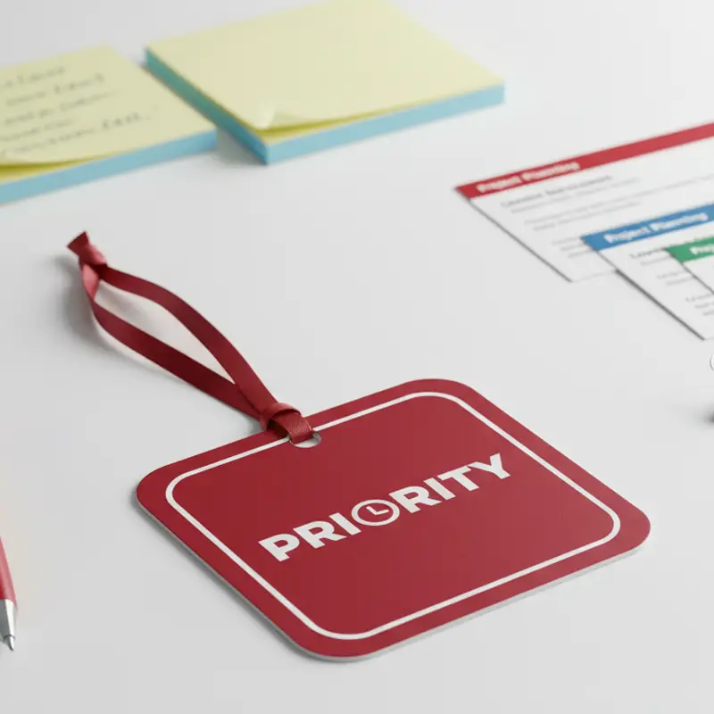 Priority label paper freshener displayed on work desk