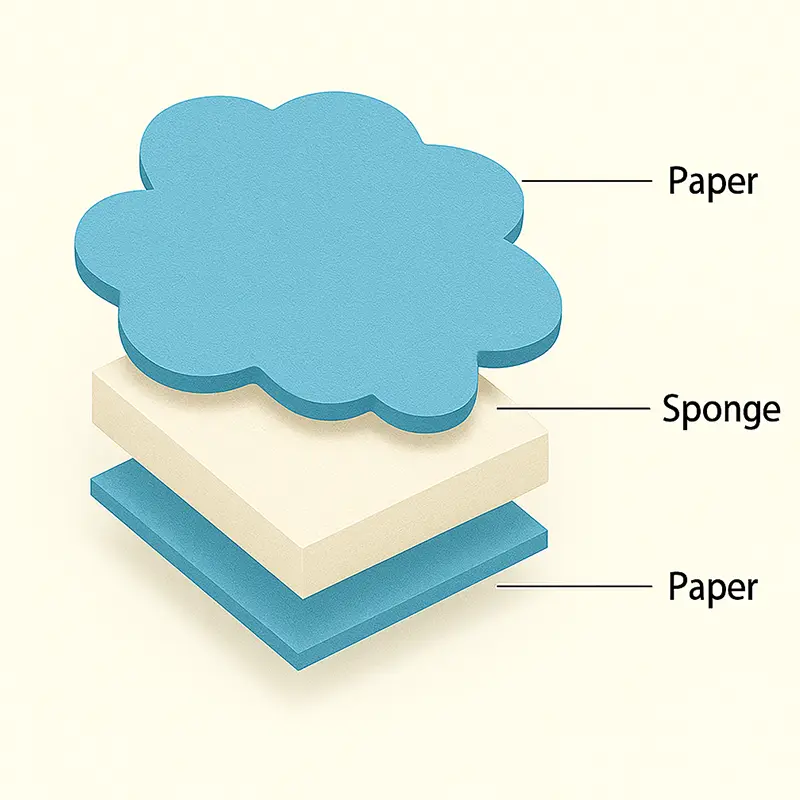 Three-layer structure of private label paper air freshener showing paper–sponge–paper construction.