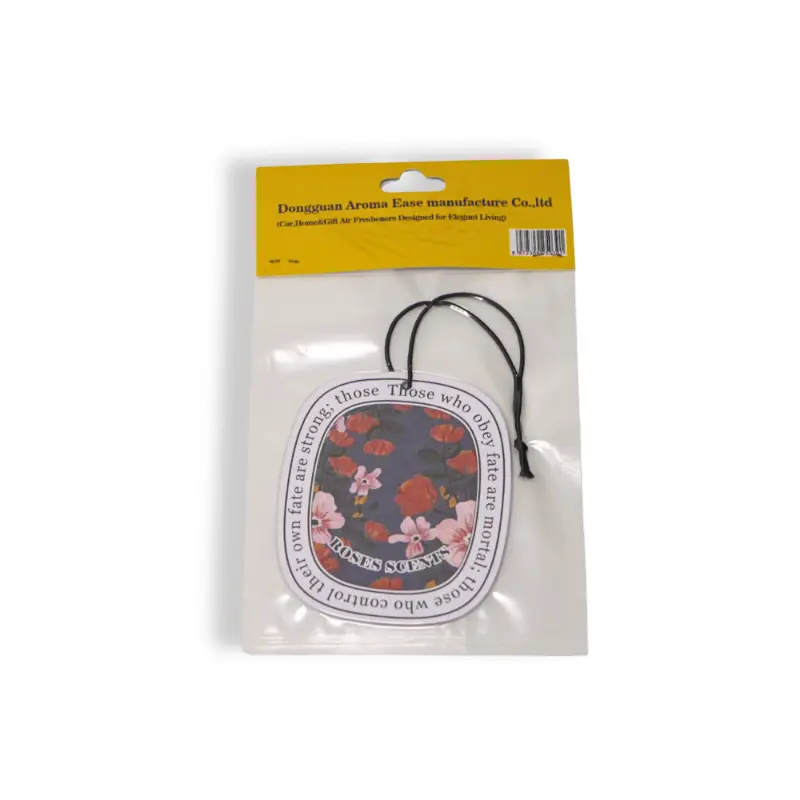 Front and back packaged rose floral illustration hanging air freshener