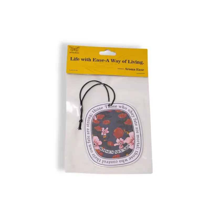 Rose scent floral air freshener packaged in retail hanging bag with clear front