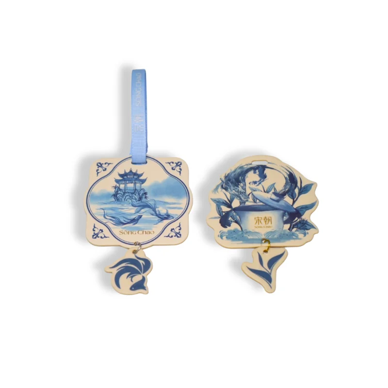 Chinese traditional style car air fresheners showing front and back design – blue ink artwork and gold text