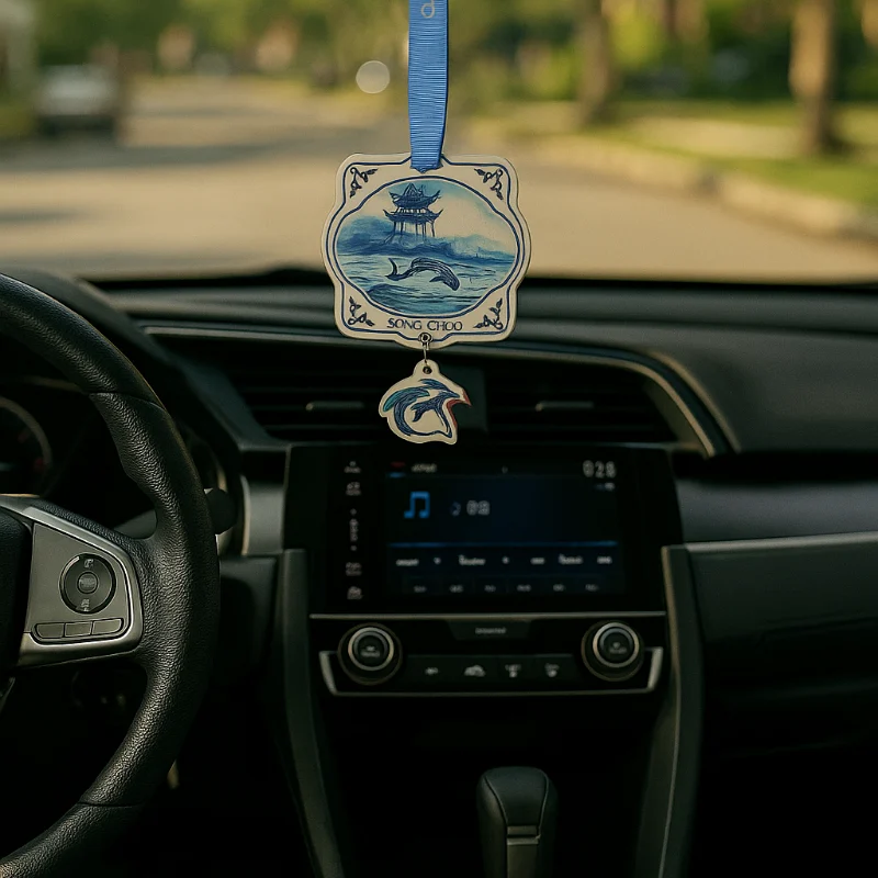 Chinese blue art style car air freshener hanging from rearview mirror – elegant interior scene