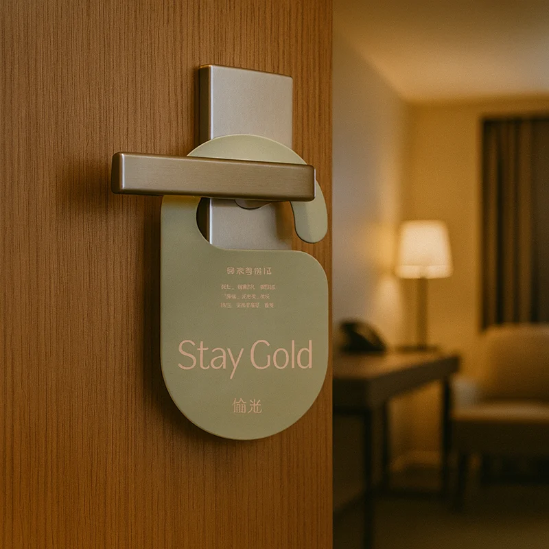 Stay Gold hanging air freshener displayed on hotel door with soft aroma