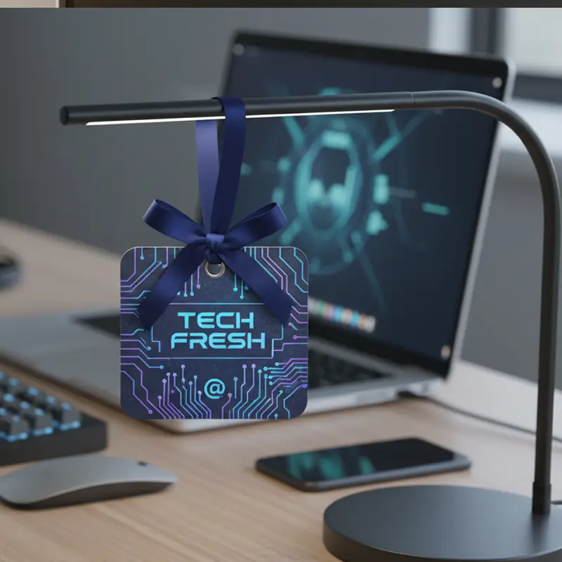 Tech Fresh circuit-board themed paper air freshener on workspace lamp