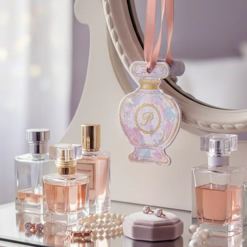 Perfume style hanging paper air freshener on vanity table