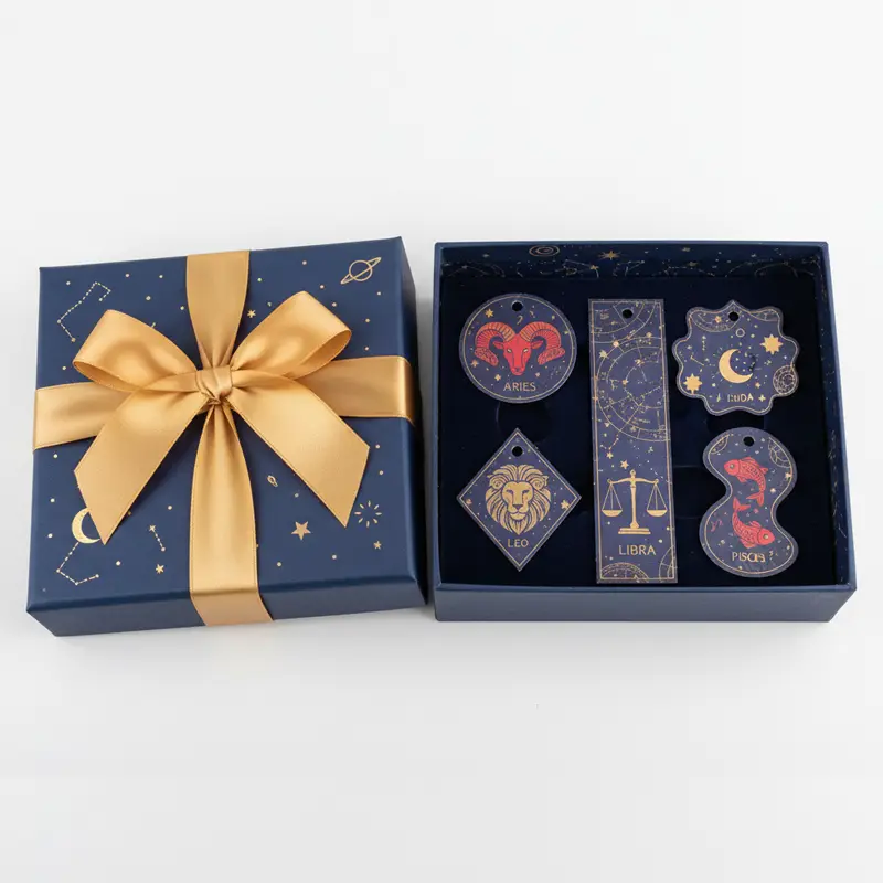 Round astrology-themed paper air freshener hanging in a cosmic décor scene