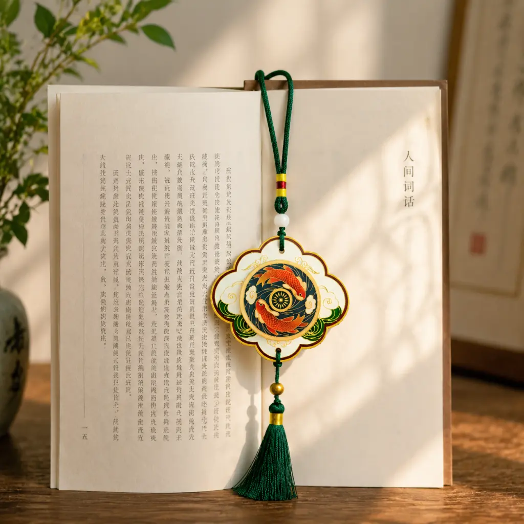 Koi fragrance card with green tassel hanging over an open book
