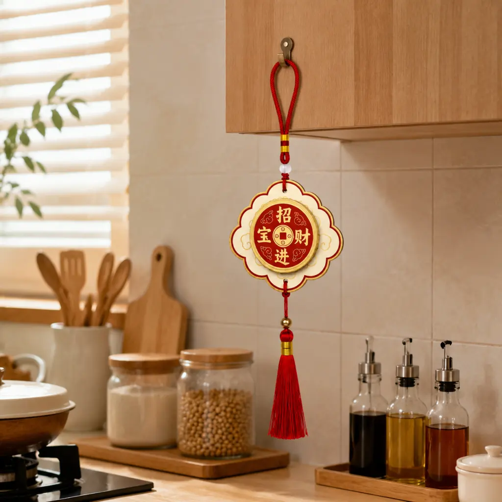 Kitchen air freshener hanging from a cabinet with red fortune design and tassel