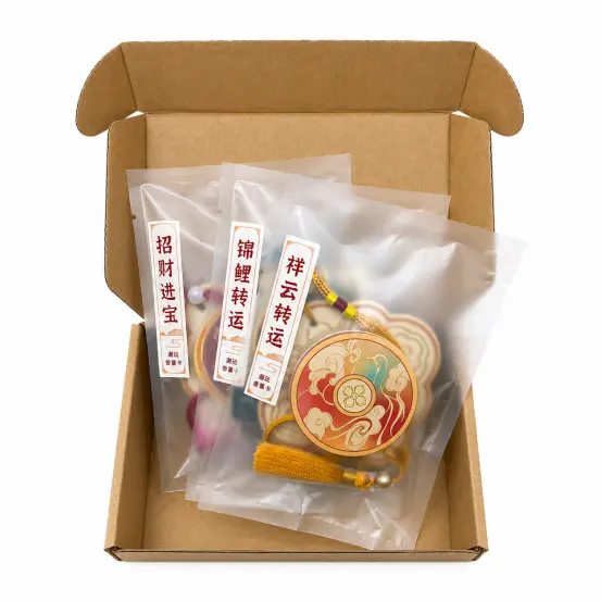 Individually sealed Chinese scented cards arranged inside a kraft paper box