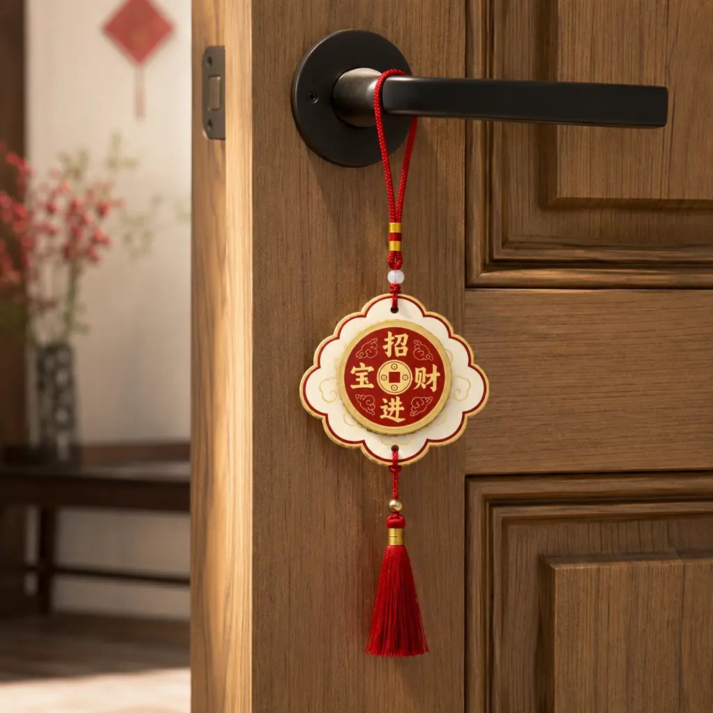 Prosperity fragrance card with red tassel hanging from a wooden door handle