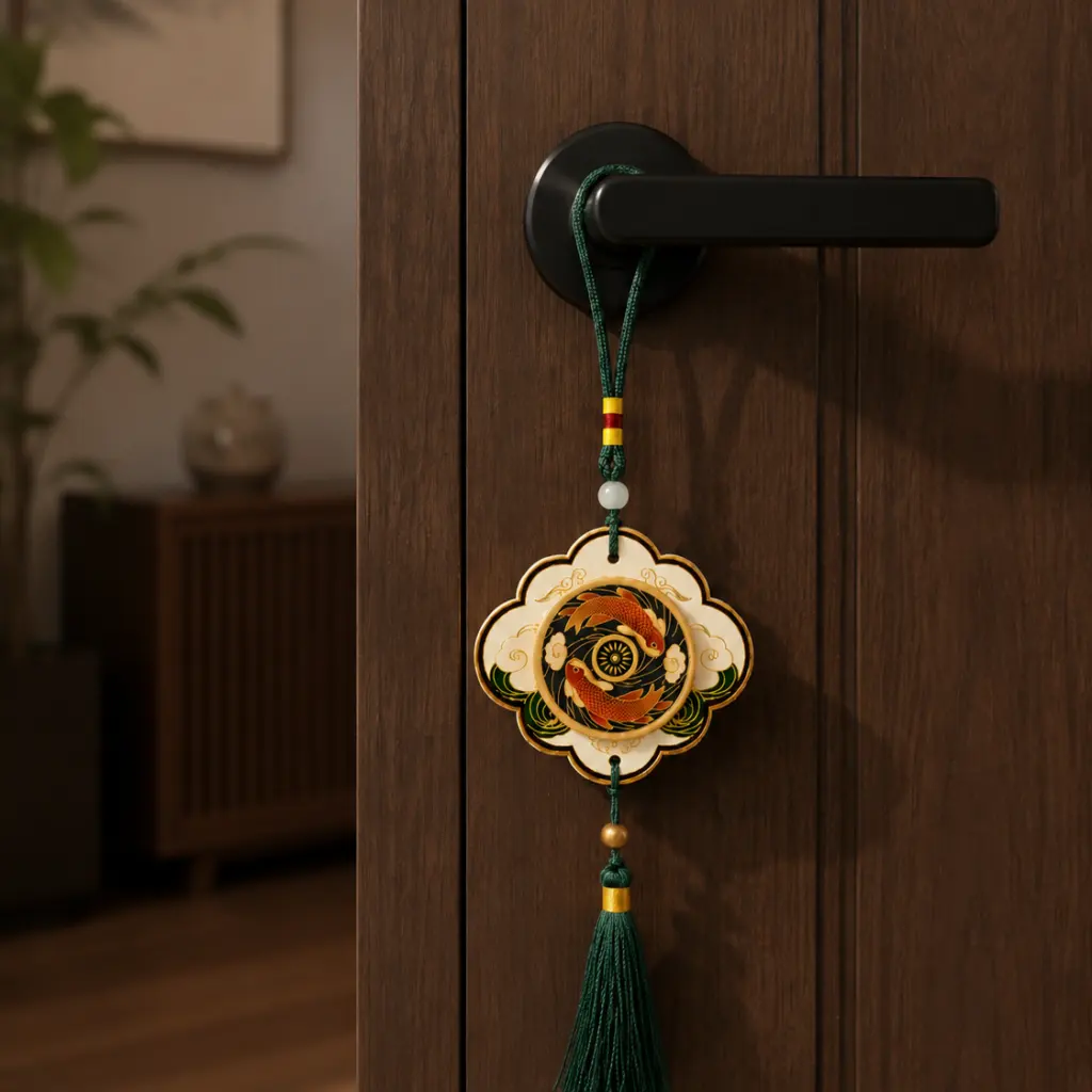 Decorative koi fragrance card hanging from a wooden door handle