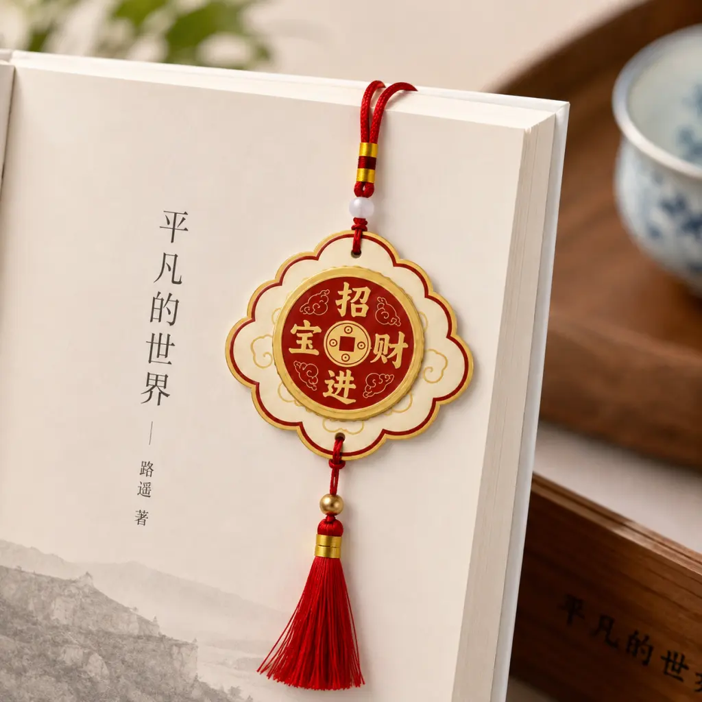 Red fortune hanging scented card with tassel displayed on a book cover