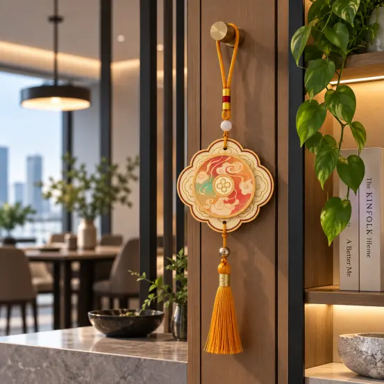 Chinese cloud hanging air freshener with gold foil accents displayed in a modern home