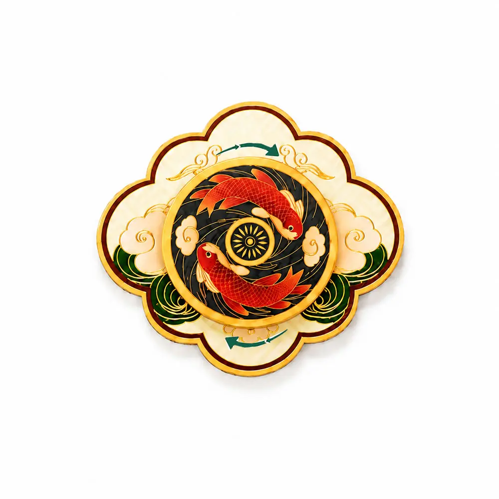 Close-up of rotating koi scented card with two red fish and a gold decorative border