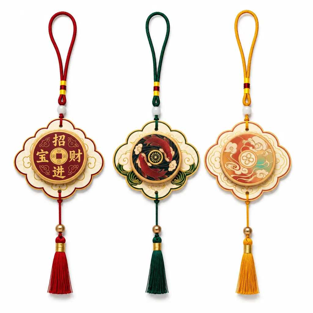 Three Chinese-inspired paper air fresheners featuring fortune, koi and cloud designs