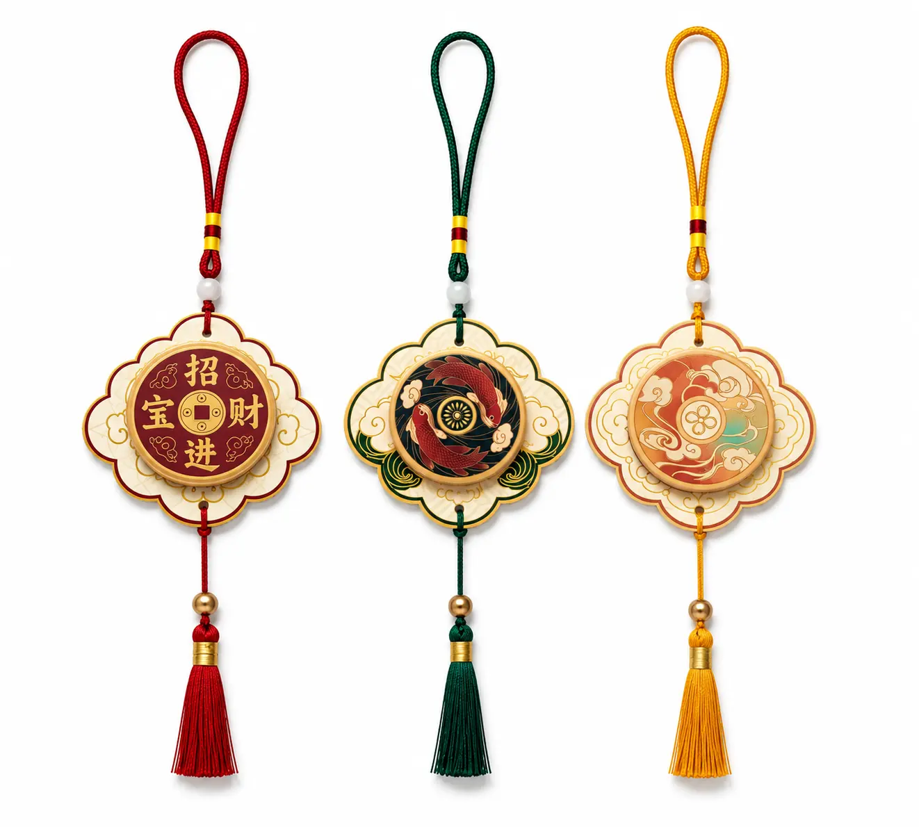 Three custom scented cards with fortune, koi and cloud designs and matching tassels