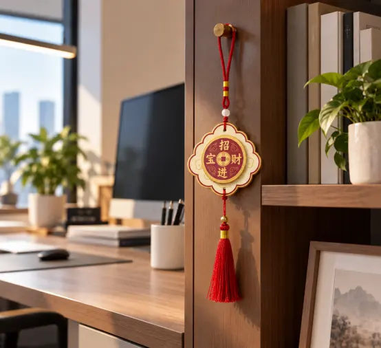 Chinese fortune scented card with red tassel hanging beside a home office desk
