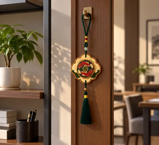 Koi paper fragrance card hanging from a wooden doorway in a home interior